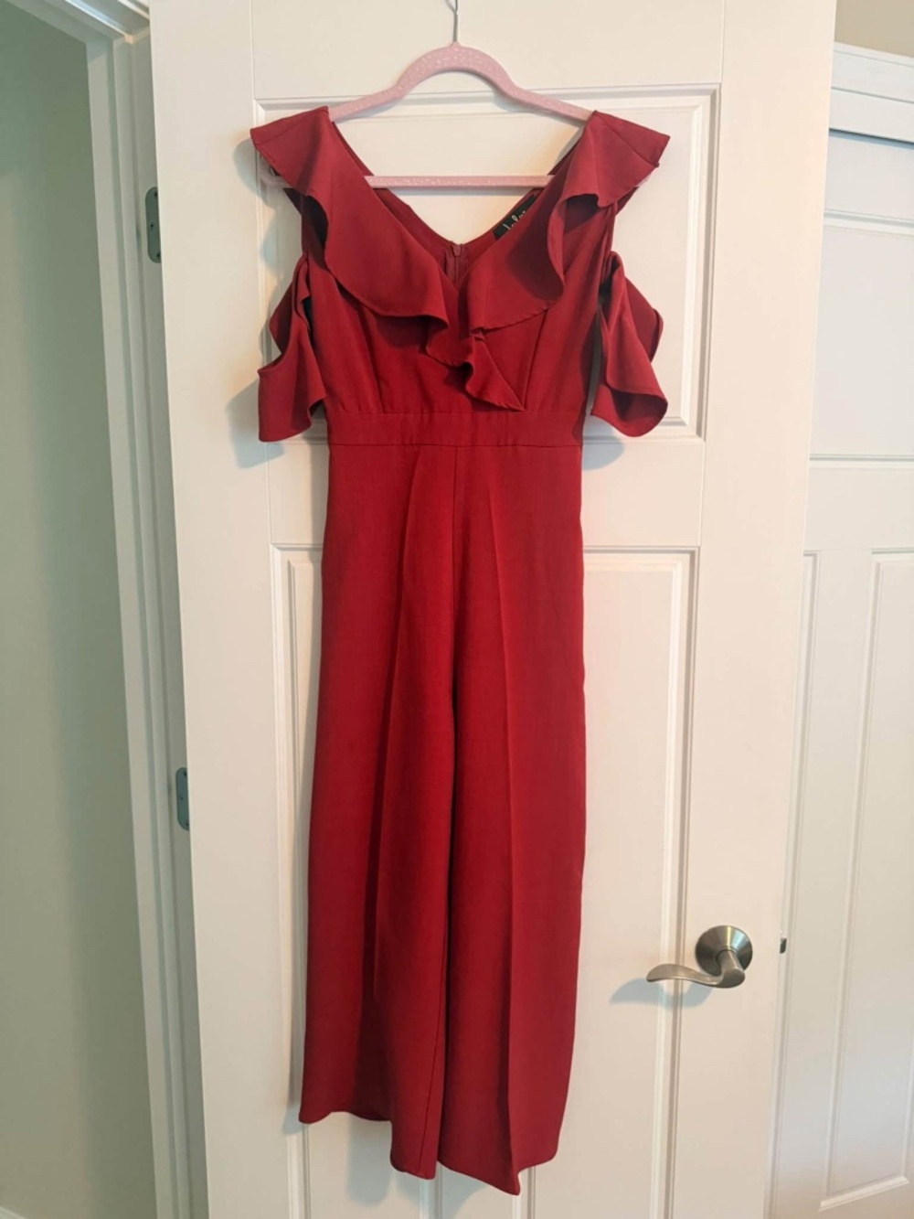 Lulus Doozy Rust Red Ruffled Wide-Leg Off-the-Shoulder Jumpsuit - Picture 3 of 6